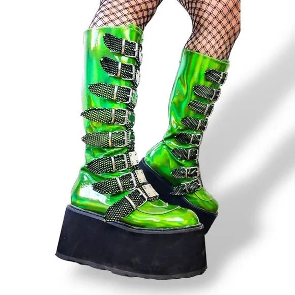 Sold-Demonia acid green glow in the dark mega platform knee-high boots size 7 US - Picture 3 of 10